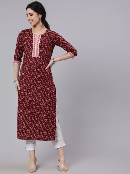 Burgundy Printed Straight kurta With Three Quarter Sleeves