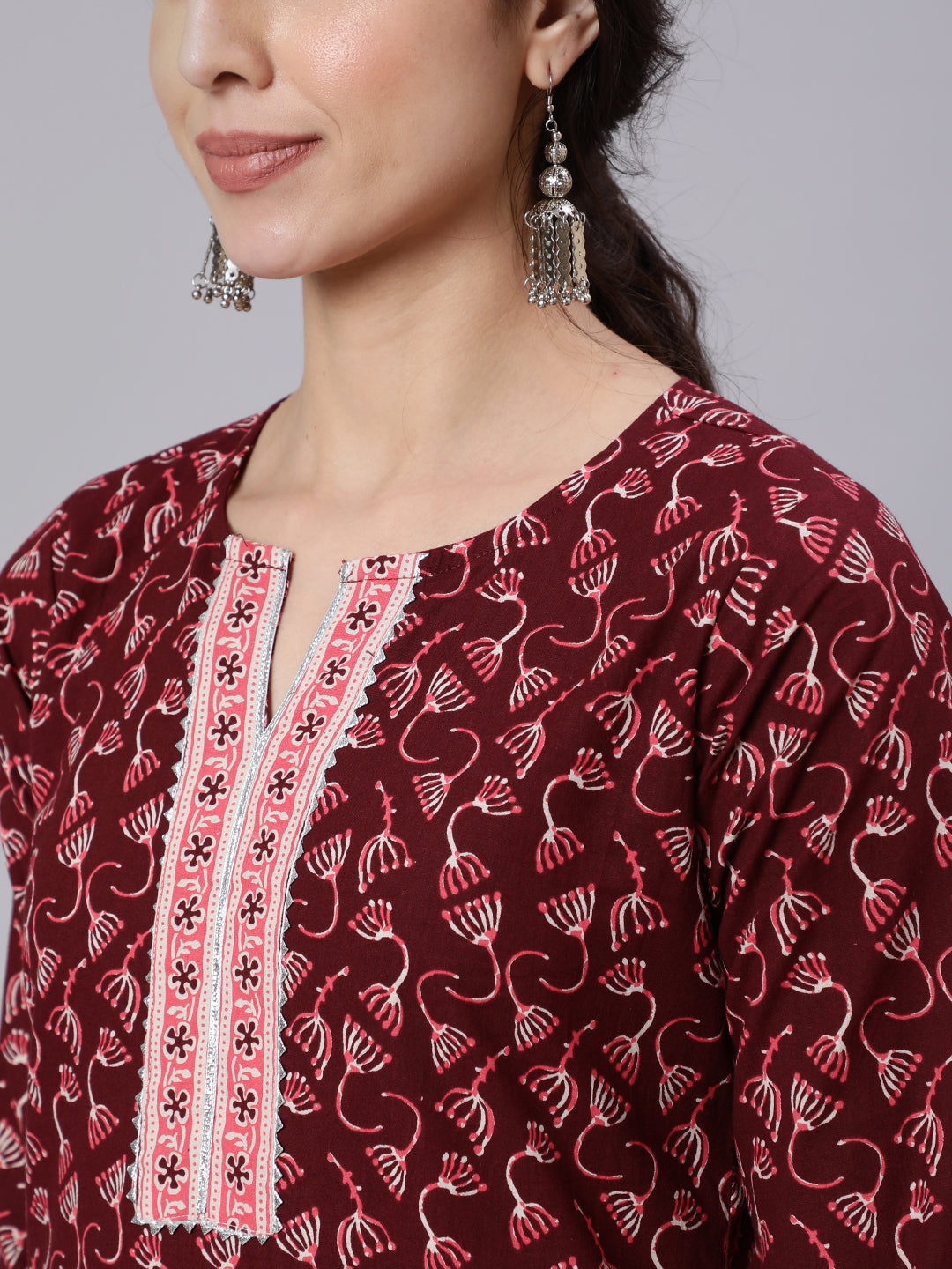 Burgundy Printed Straight kurta With Three Quarter Sleeves