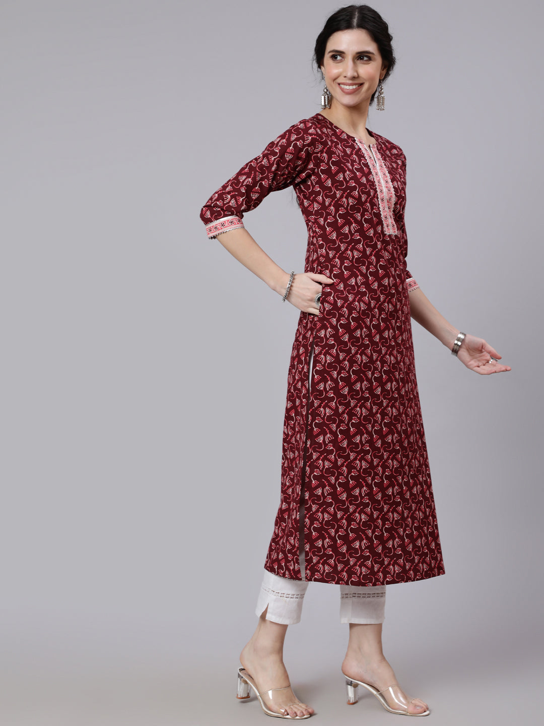 Burgundy Printed Straight kurta With Three Quarter Sleeves