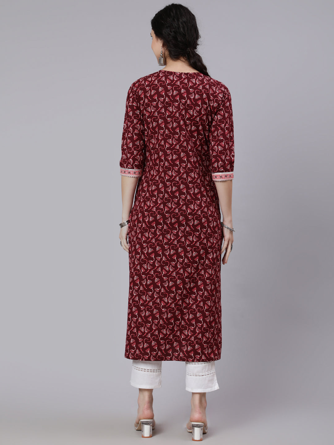 Burgundy Printed Straight kurta With Three Quarter Sleeves