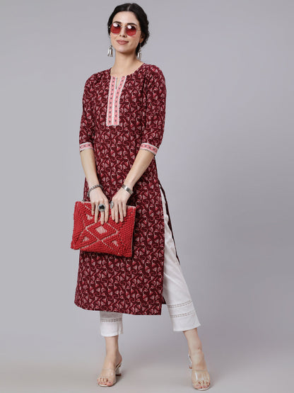 Burgundy Printed Straight kurta With Three Quarter Sleeves