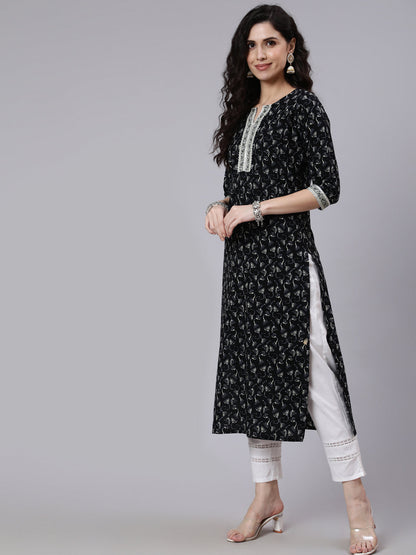 Black Printed Straight kurta With Three Quarter Sleeves