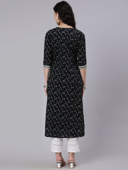 Black Printed Straight kurta With Three Quarter Sleeves