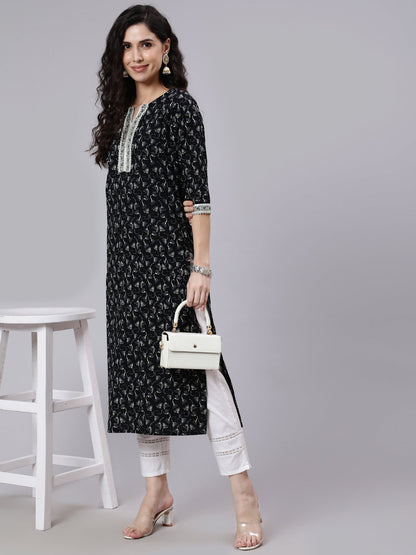 Black Printed Straight kurta With Three Quarter Sleeves