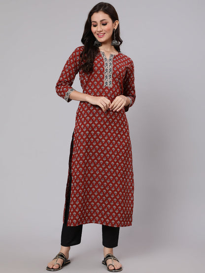 Maroon Ethnic Printed Straight Kurta With Three Quarter Sleeves