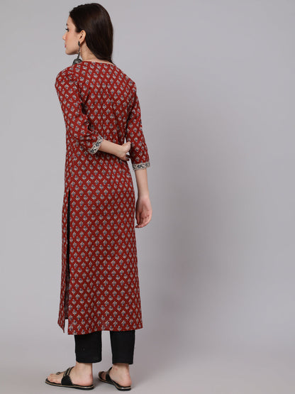 Maroon Ethnic Printed Straight Kurta With Three Quarter Sleeves