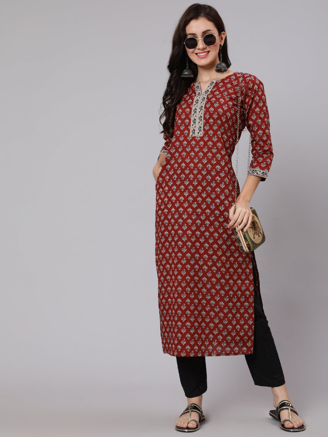 Maroon Ethnic Printed Straight Kurta With Three Quarter Sleeves