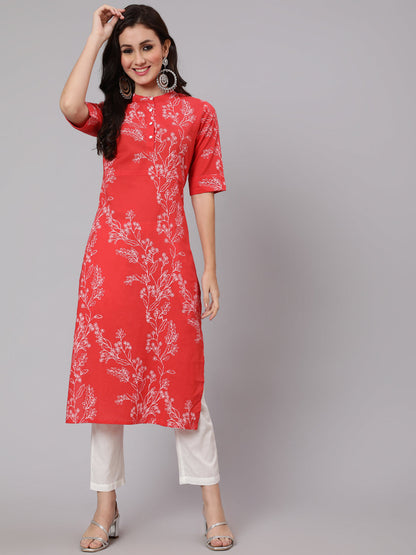 Red Floral Printed Straight Kurta With Three Quarter Sleeves