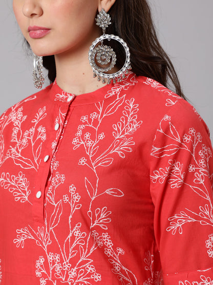 Red Floral Printed Straight Kurta With Three Quarter Sleeves