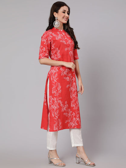 Red Floral Printed Straight Kurta With Three Quarter Sleeves