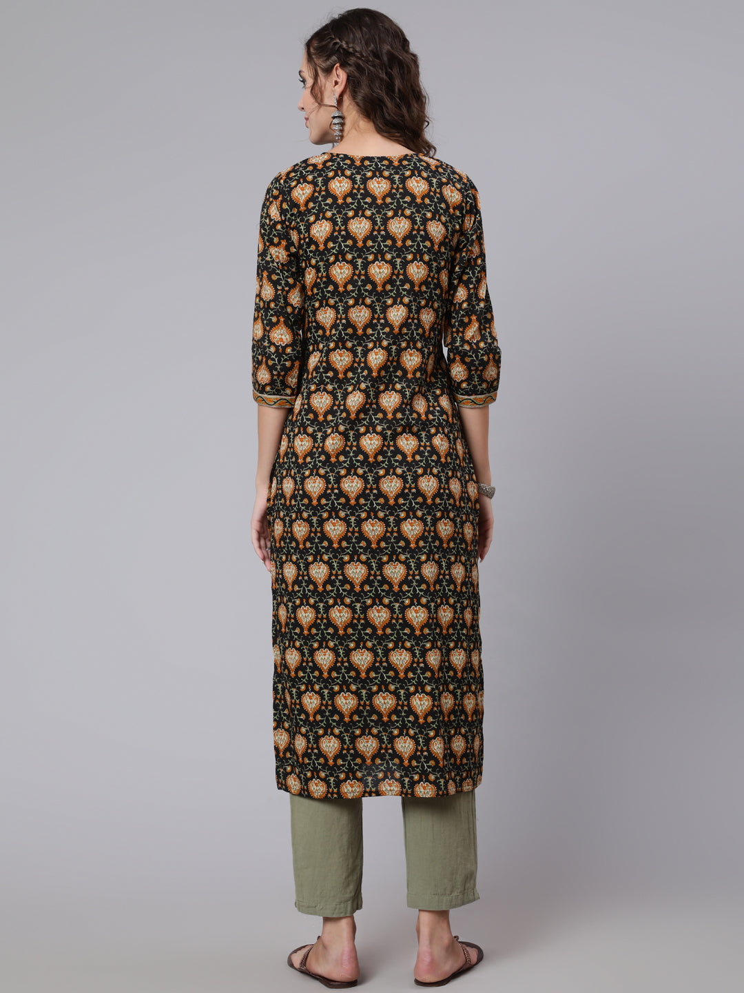 Black Printed straight kurta with three quarter sleeves