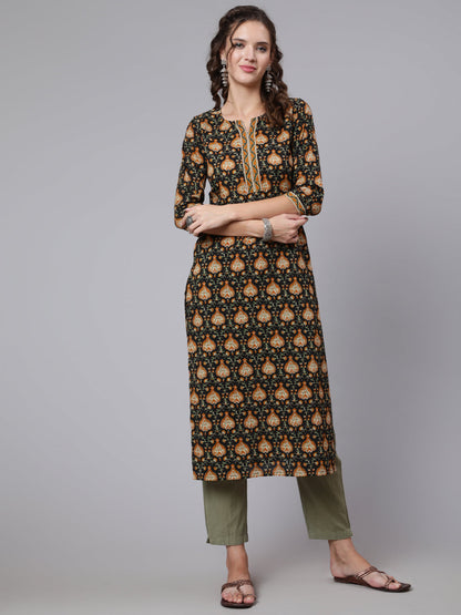 Black Printed straight kurta with three quarter sleeves