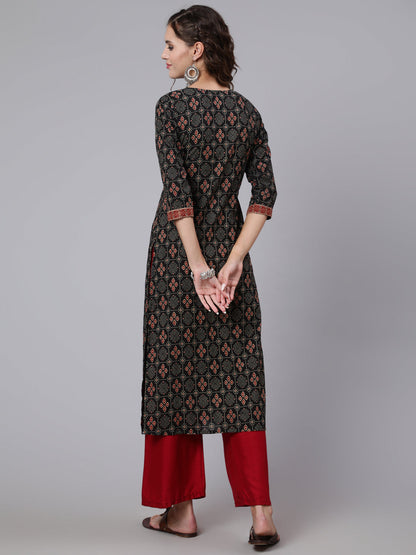 Black Printed straight kurta with three quarter sleeves