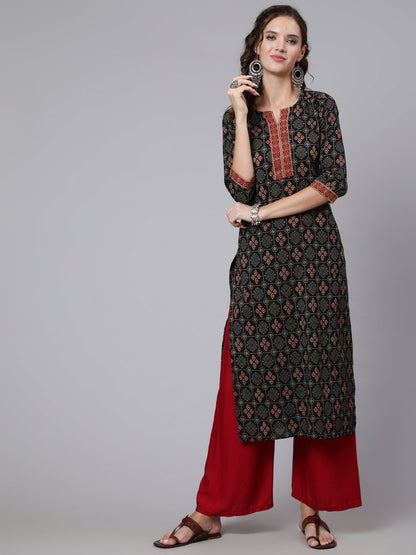 Black Printed straight kurta with three quarter sleeves