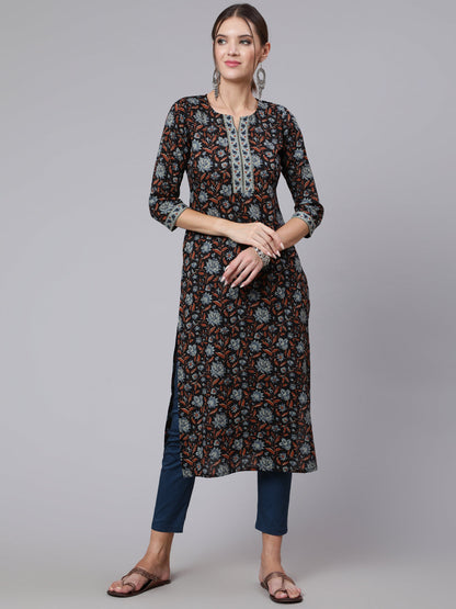 Black Printed straight kurta with three quarter sleeves