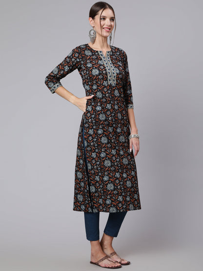 Black Printed straight kurta with three quarter sleeves