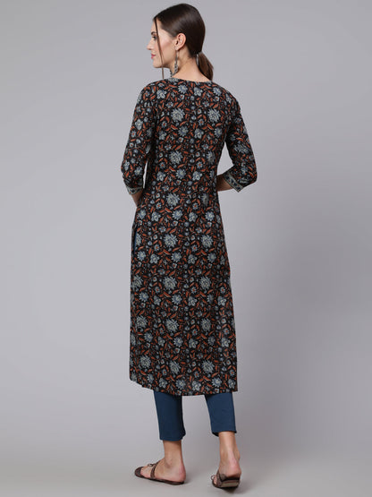 Black Printed straight kurta with three quarter sleeves