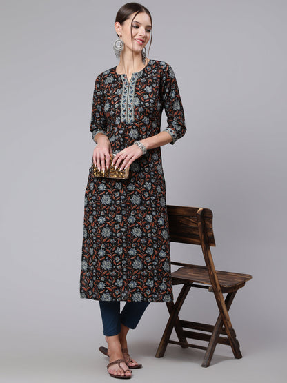 Black Printed straight kurta with three quarter sleeves