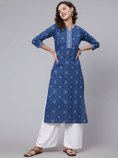 Blue Printed straight kurta with three quarter sleeves