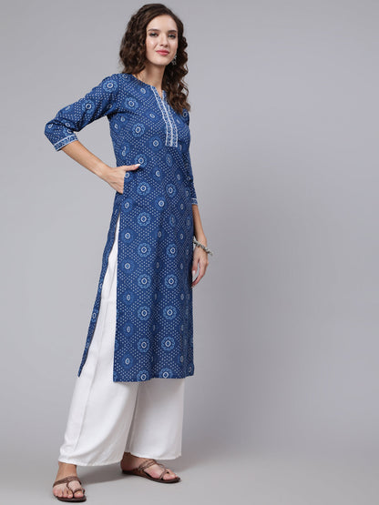 Blue Printed straight kurta with three quarter sleeves