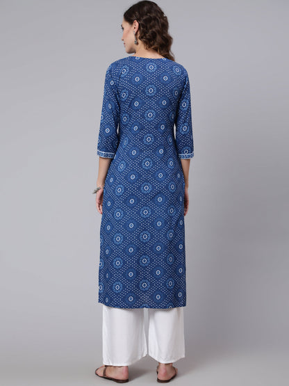 Blue Printed straight kurta with three quarter sleeves