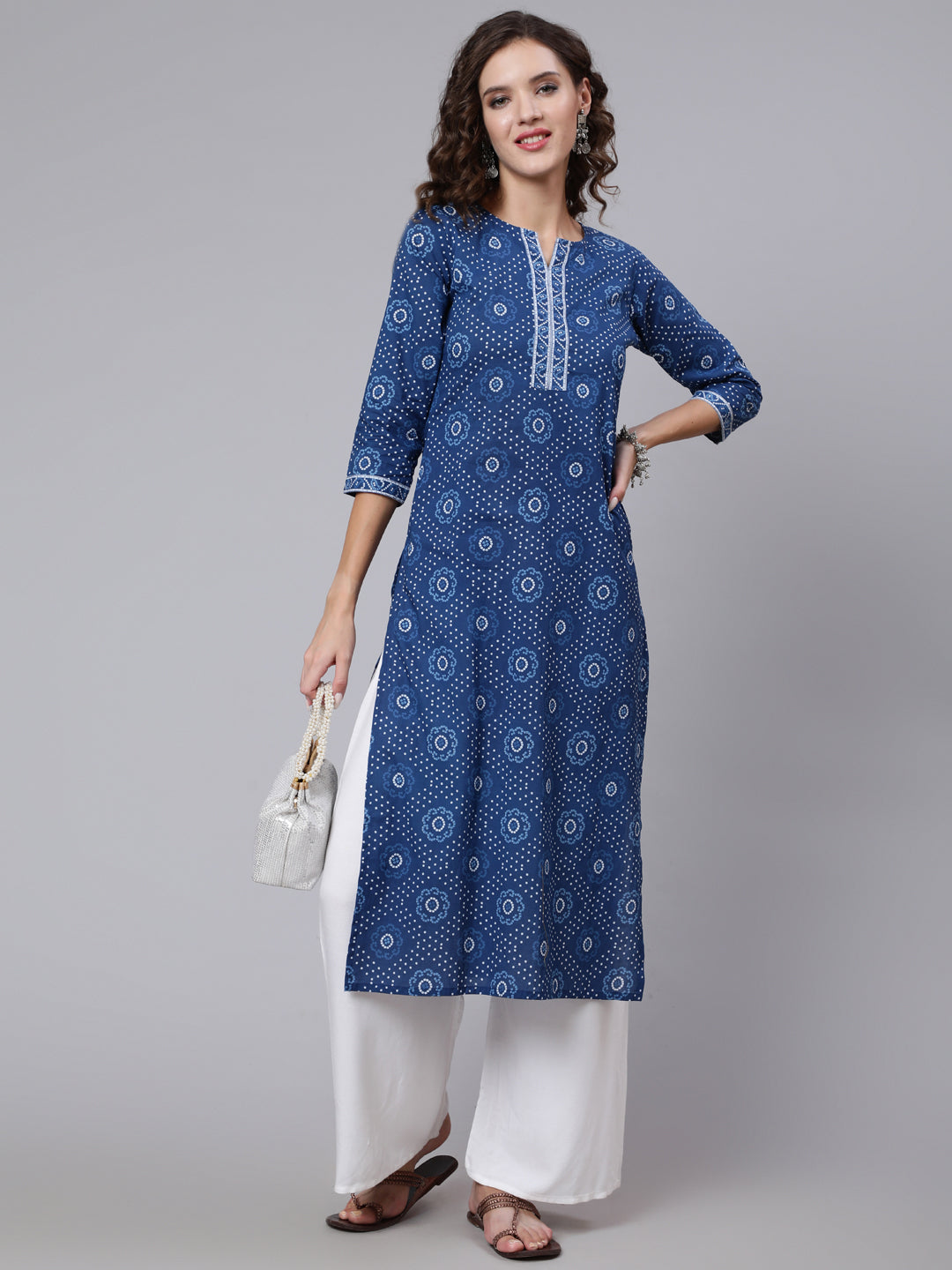 Blue Printed straight kurta with three quarter sleeves