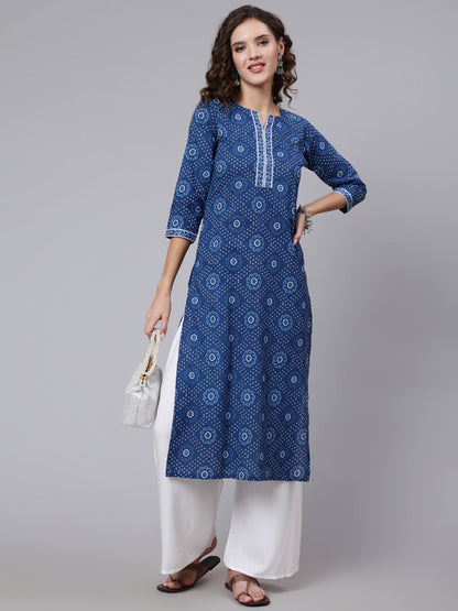 Blue Printed straight kurta with three quarter sleeves