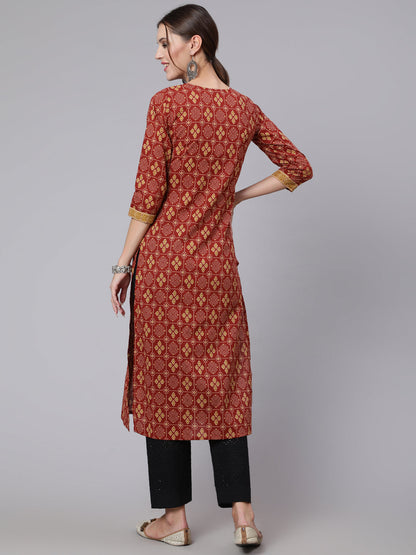 Maroon Printed straight kurta with three quarter sleeves