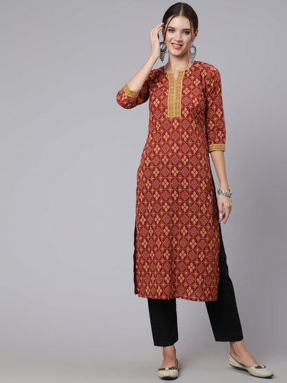 Maroon Printed straight kurta with three quarter sleeves