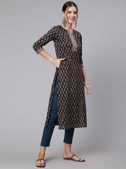 Black Printed straight kurta with three quarter sleeves