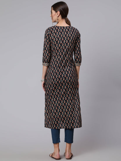 Black Printed straight kurta with three quarter sleeves