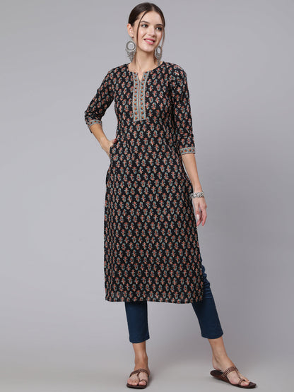 Black Printed straight kurta with three quarter sleeves