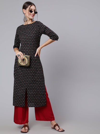 Black Printed straight kurta with three quarter sleeves