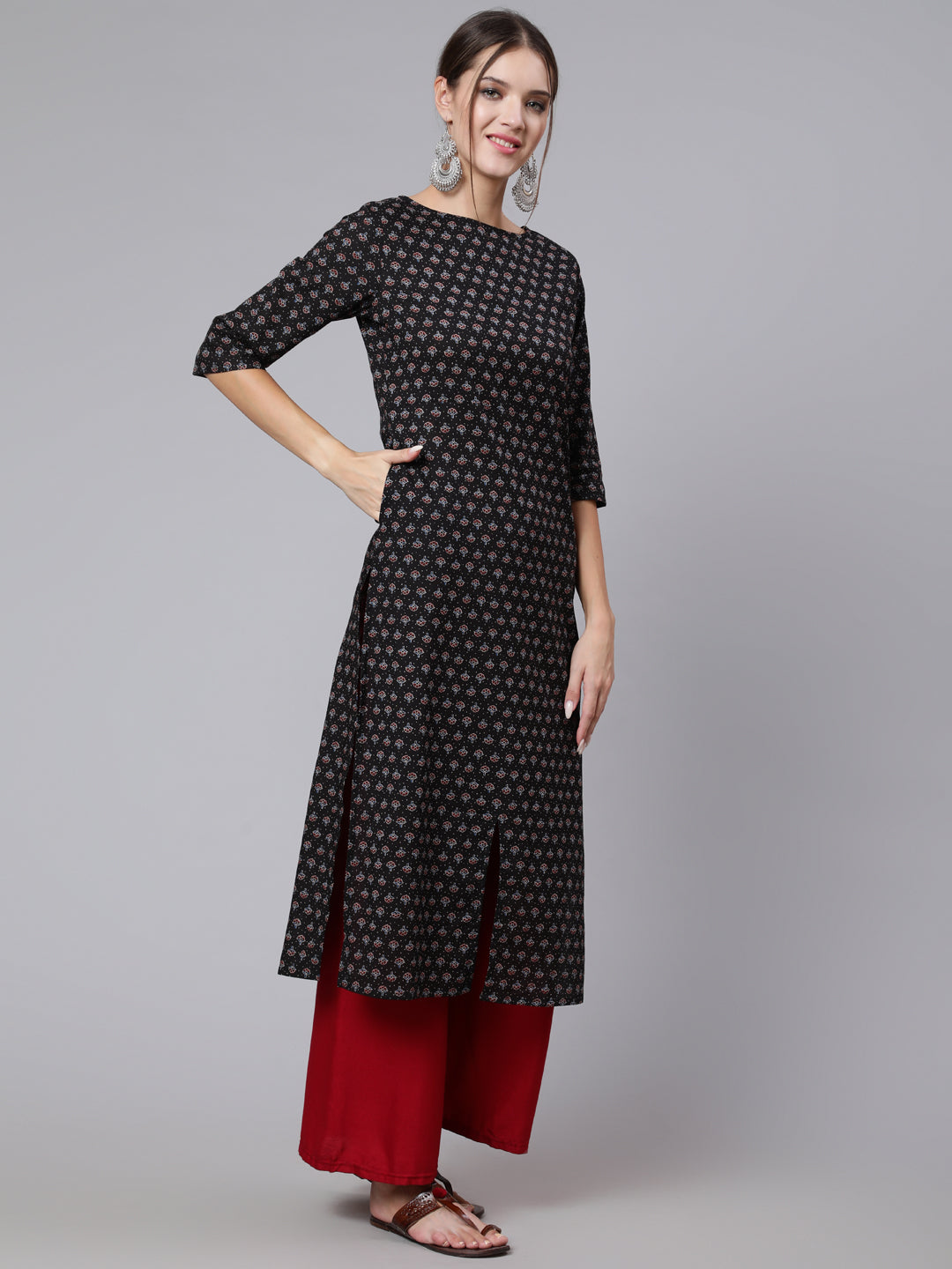 Black Printed straight kurta with three quarter sleeves