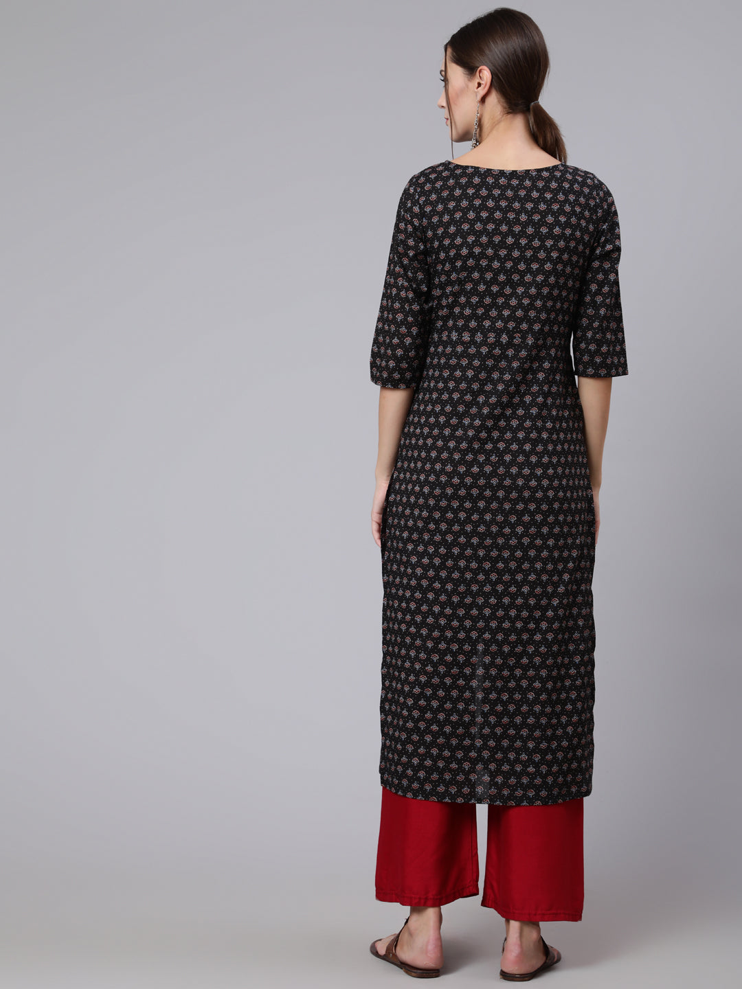 Black Printed straight kurta with three quarter sleeves