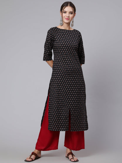 Black Printed straight kurta with three quarter sleeves