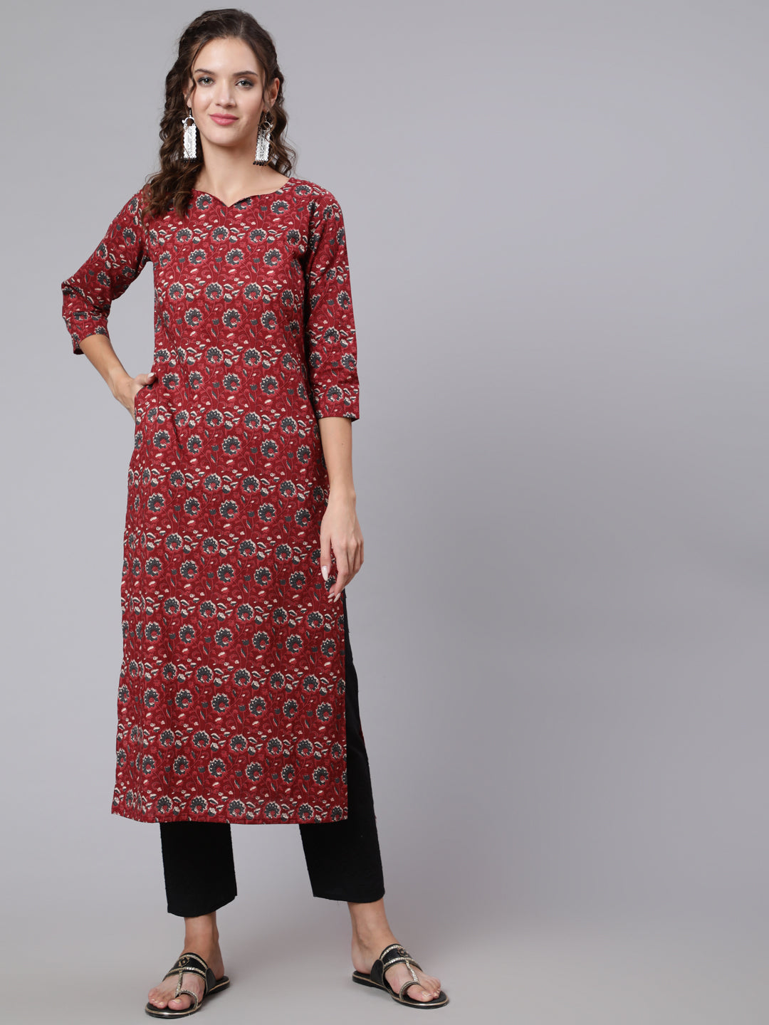 Maroon Ethnic Printed Straight Kurta with Three Quarter Sleeves