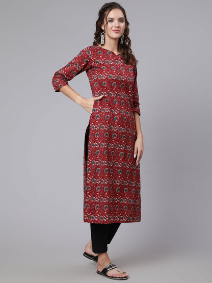 Maroon Ethnic Printed Straight Kurta with Three Quarter Sleeves