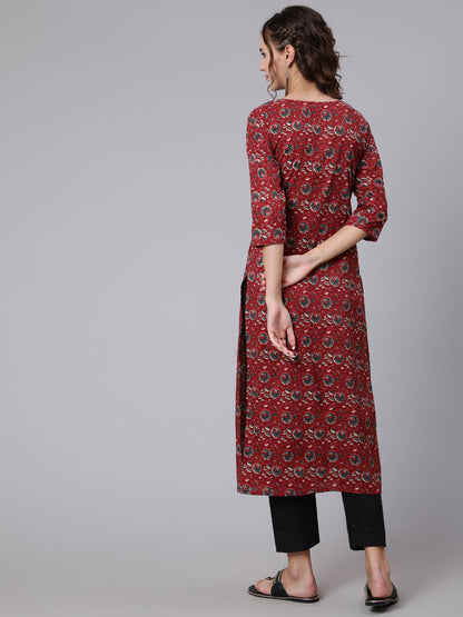 Maroon Ethnic Printed Straight Kurta with Three Quarter Sleeves