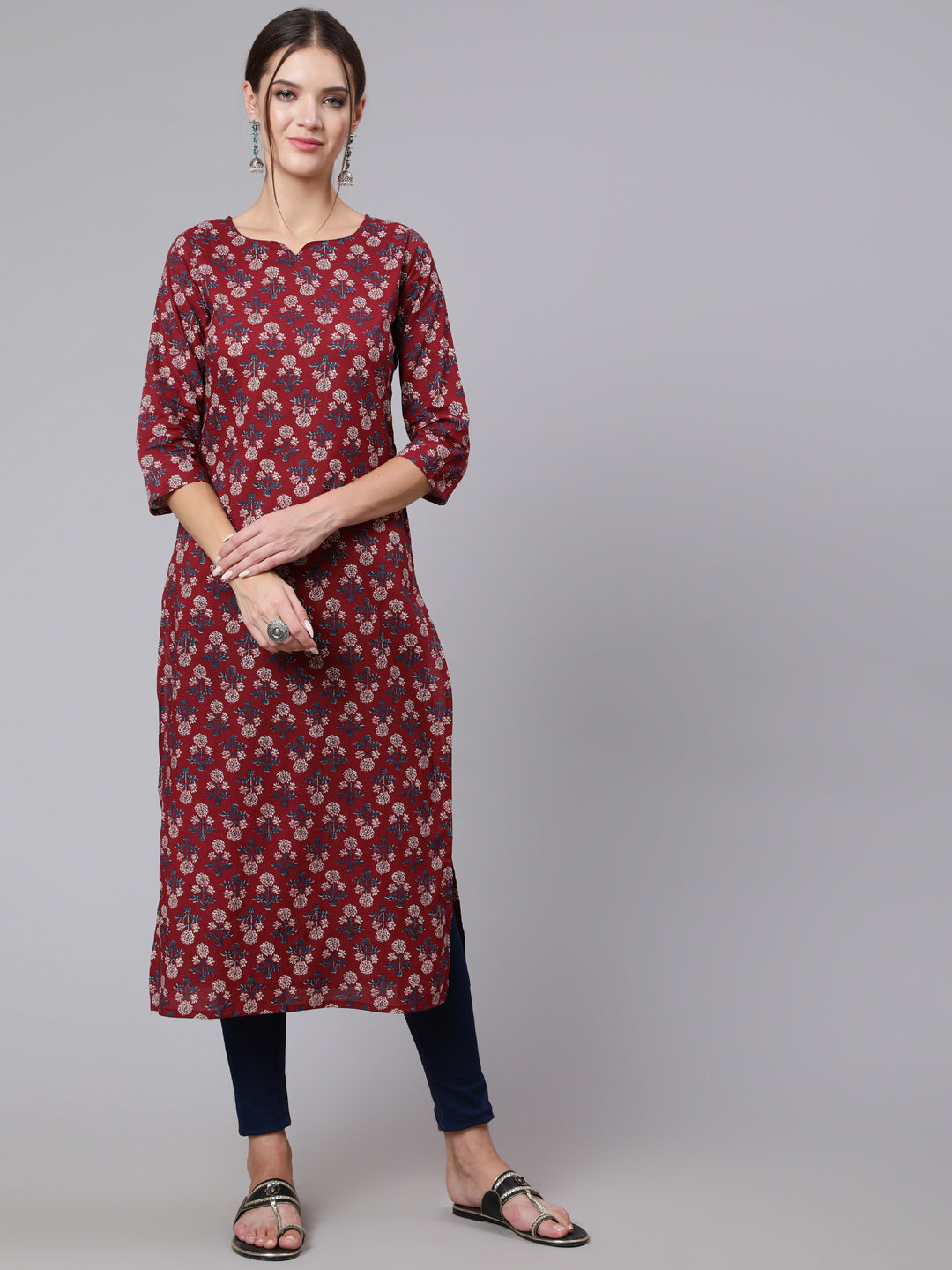 Burgundy Printed straight kurta with three quarter sleeves