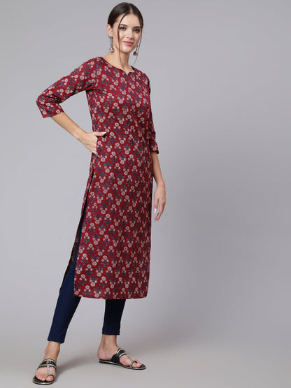 Burgundy Printed straight kurta with three quarter sleeves