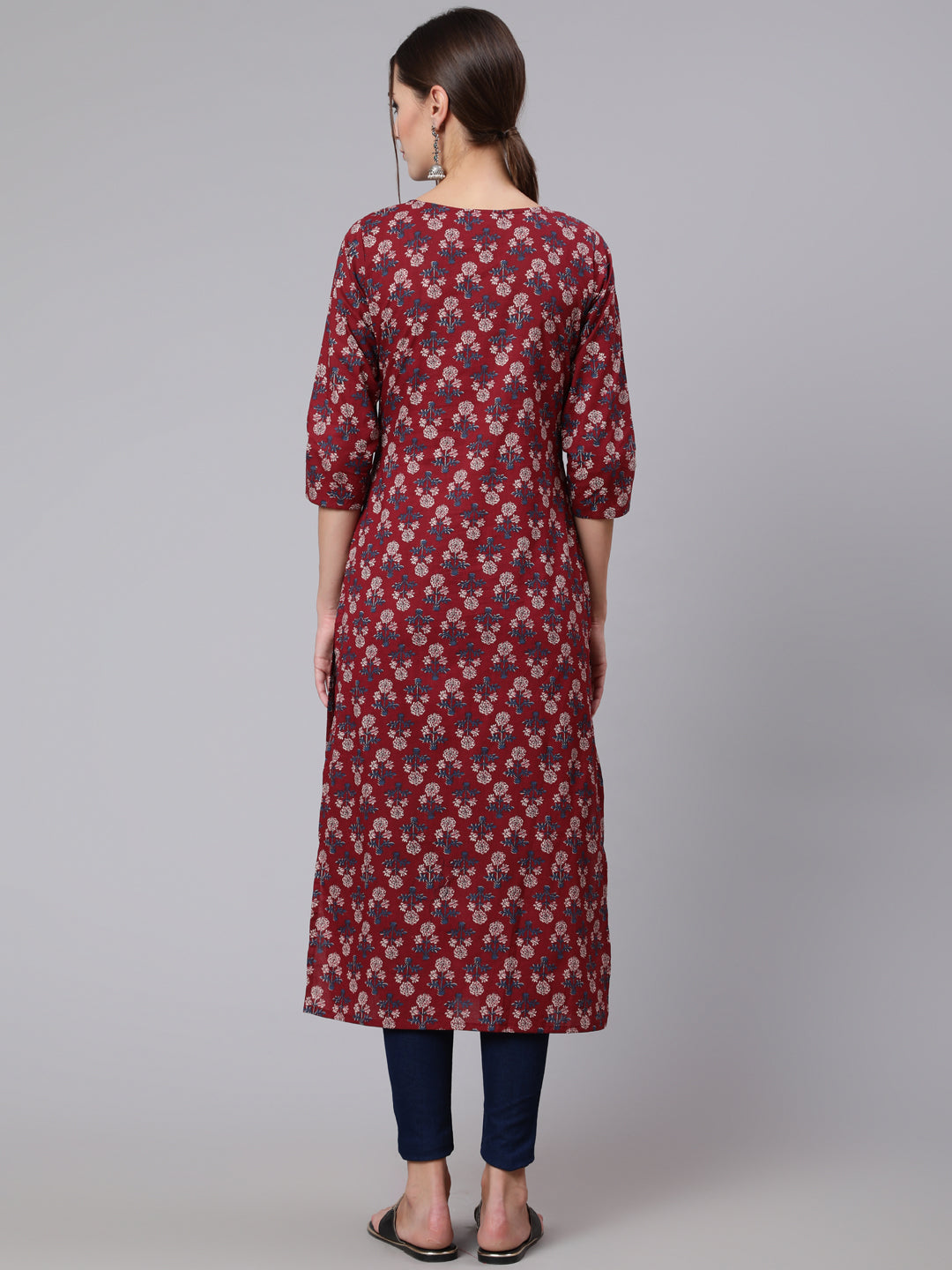 Burgundy Printed straight kurta with three quarter sleeves