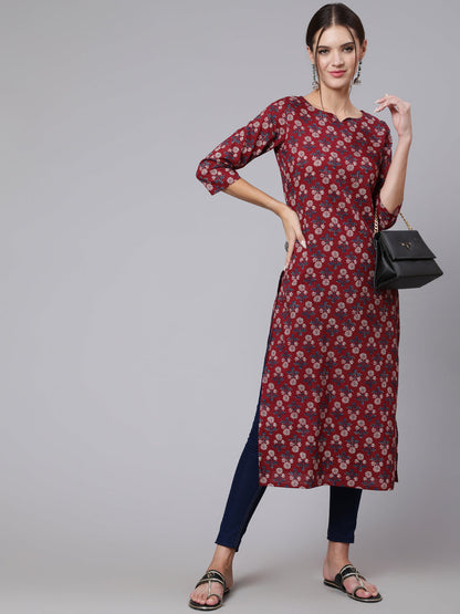 Burgundy Printed straight kurta with three quarter sleeves