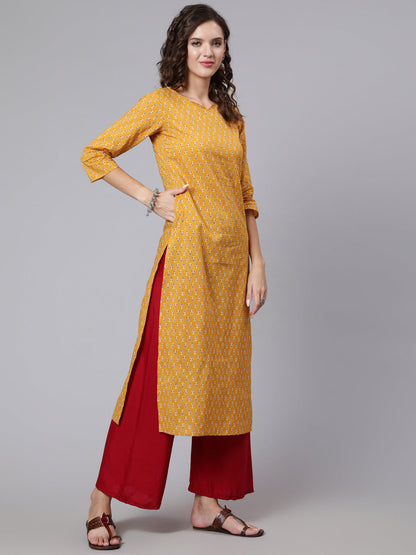 Yellow Ethnic Printed Straight Kurta with Three Quarter Sleeves