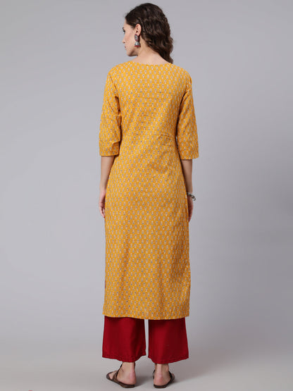 Yellow Ethnic Printed Straight Kurta with Three Quarter Sleeves