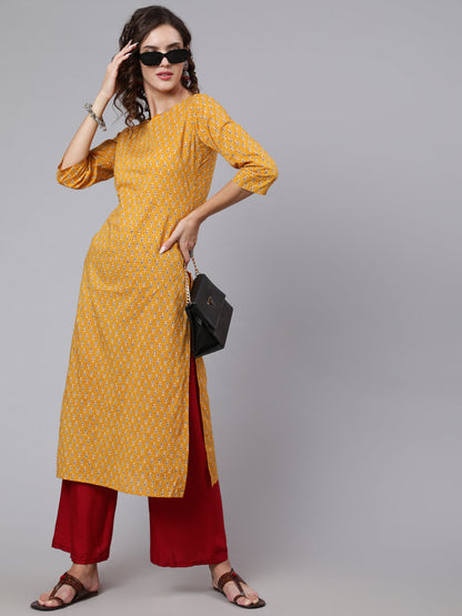 Yellow Ethnic Printed Straight Kurta with Three Quarter Sleeves