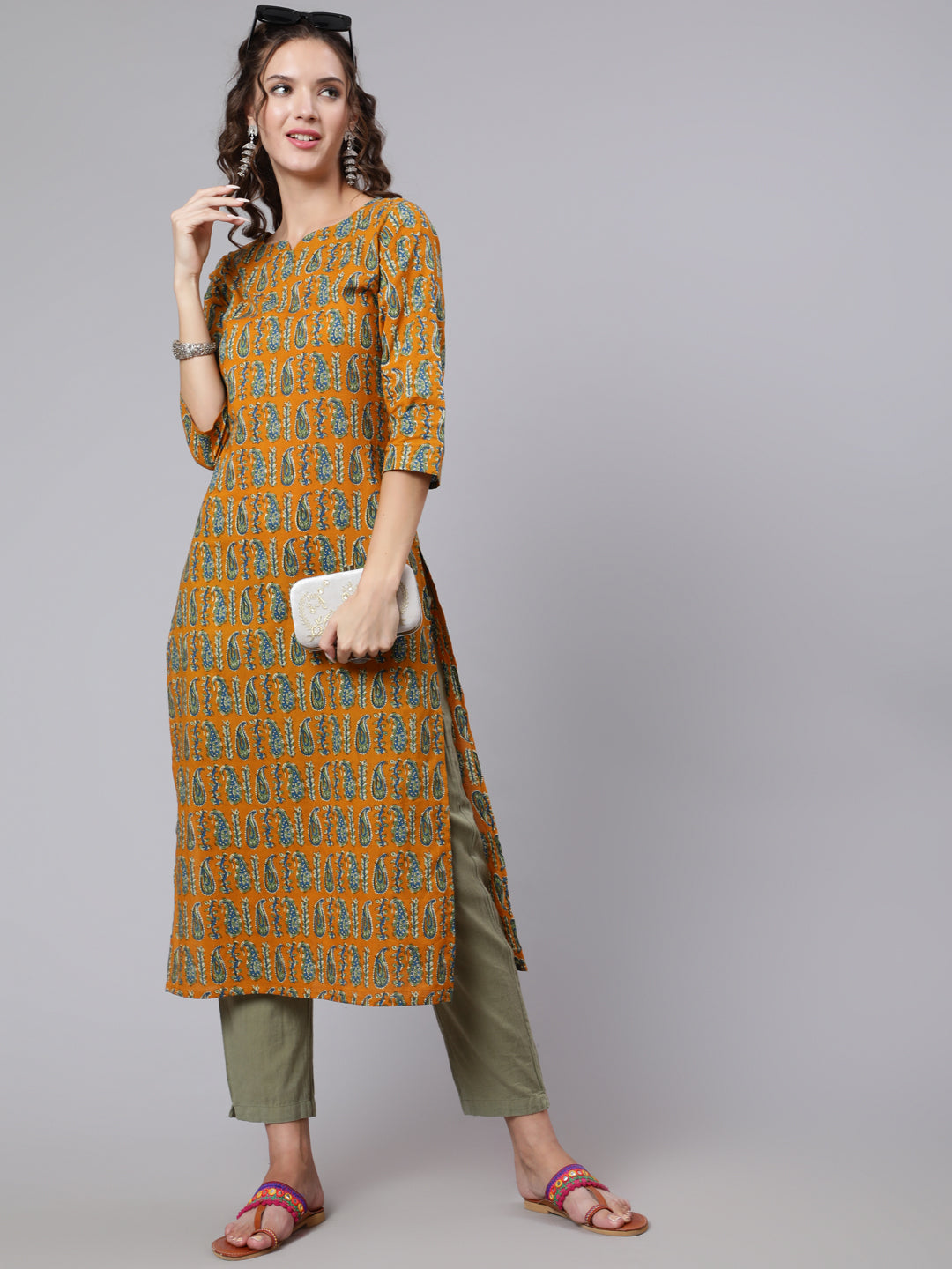 Yellow Ethnic Printed Straight Kurta with Three Quarter Sleeves