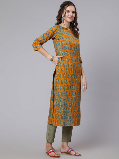 Yellow Ethnic Printed Straight Kurta with Three Quarter Sleeves