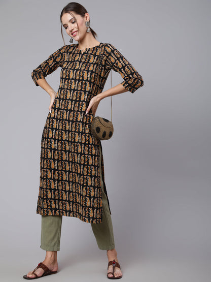 Black Printed straight kurta with three quarter sleeves