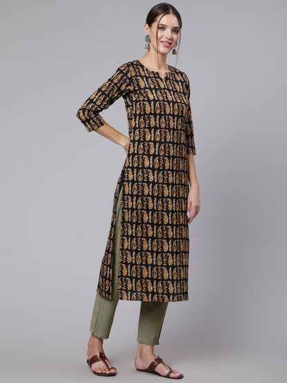 Black Printed straight kurta with three quarter sleeves